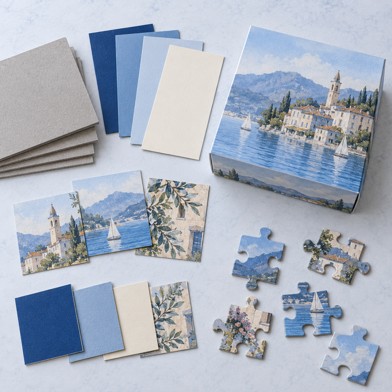 Zestaw tektur, papierów, elementów puzzli i opakowania